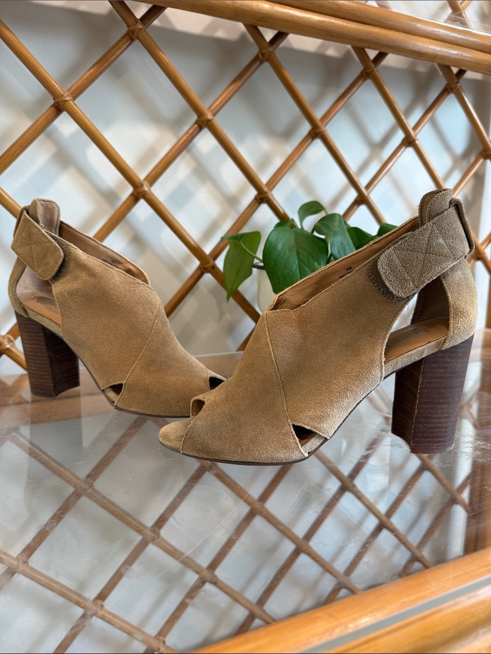 Nine West Tan Leather Suede Peep-Toe Block Heel Slingback